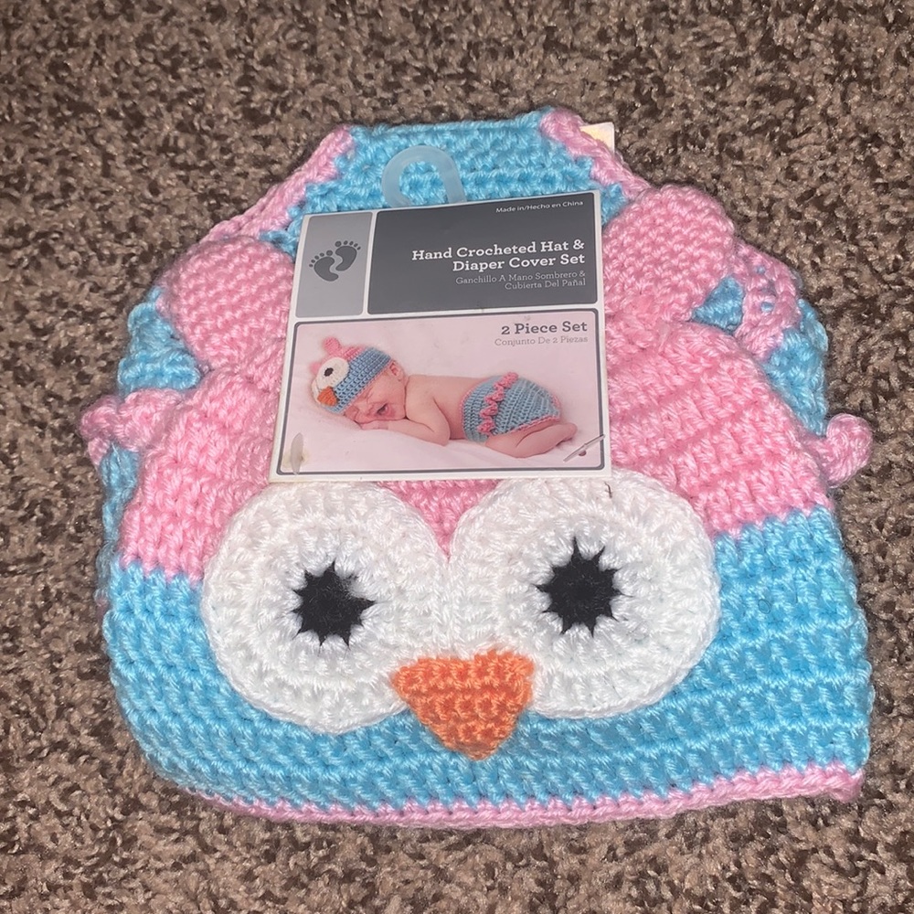 Hand crocheted hat & diaper cover set